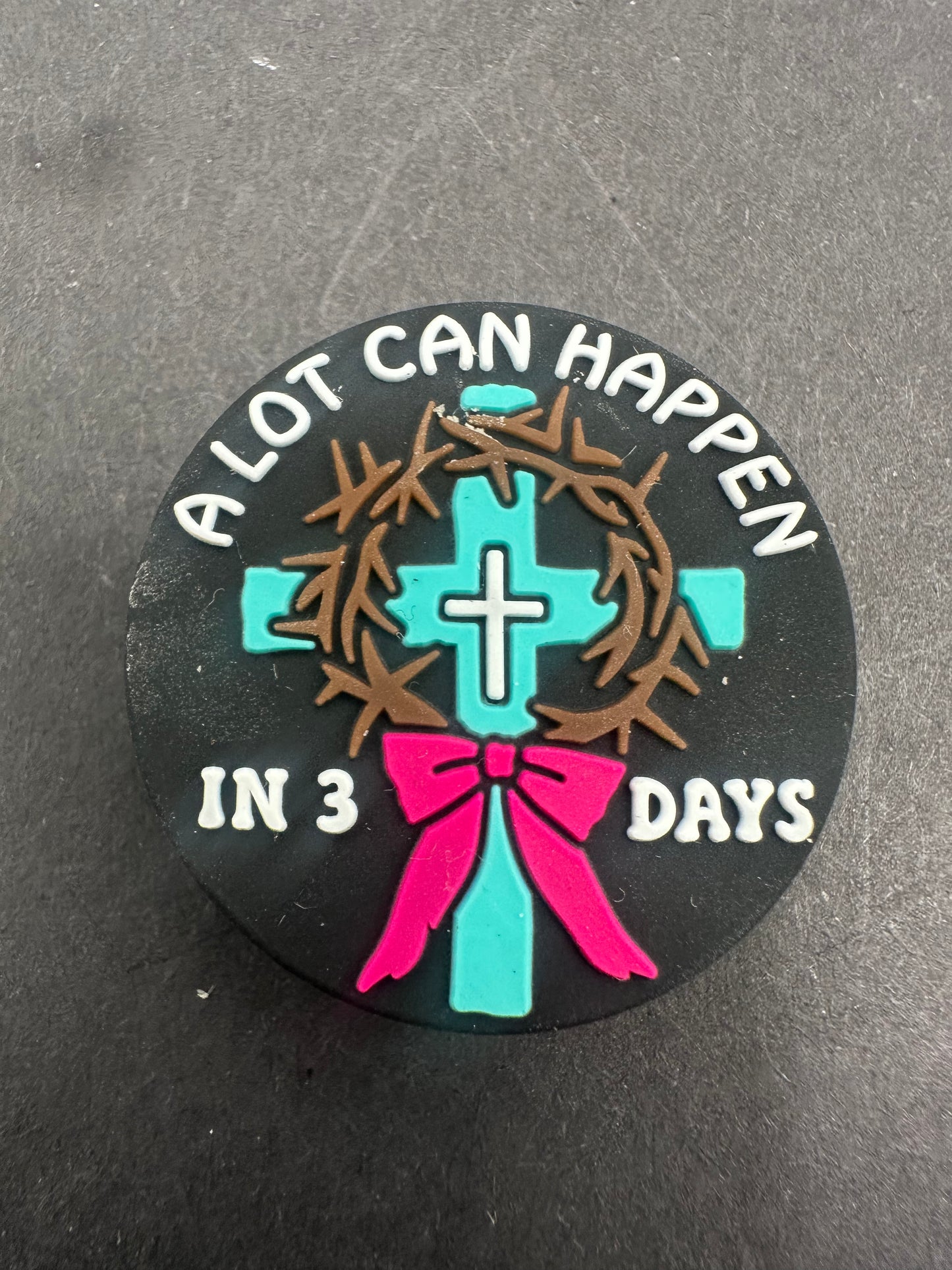 Christian silicone focal bead.  A lot can happen in 3 days